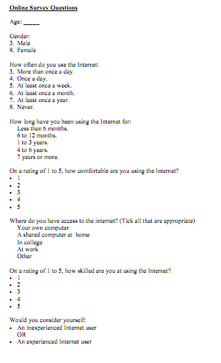 Online survey questions