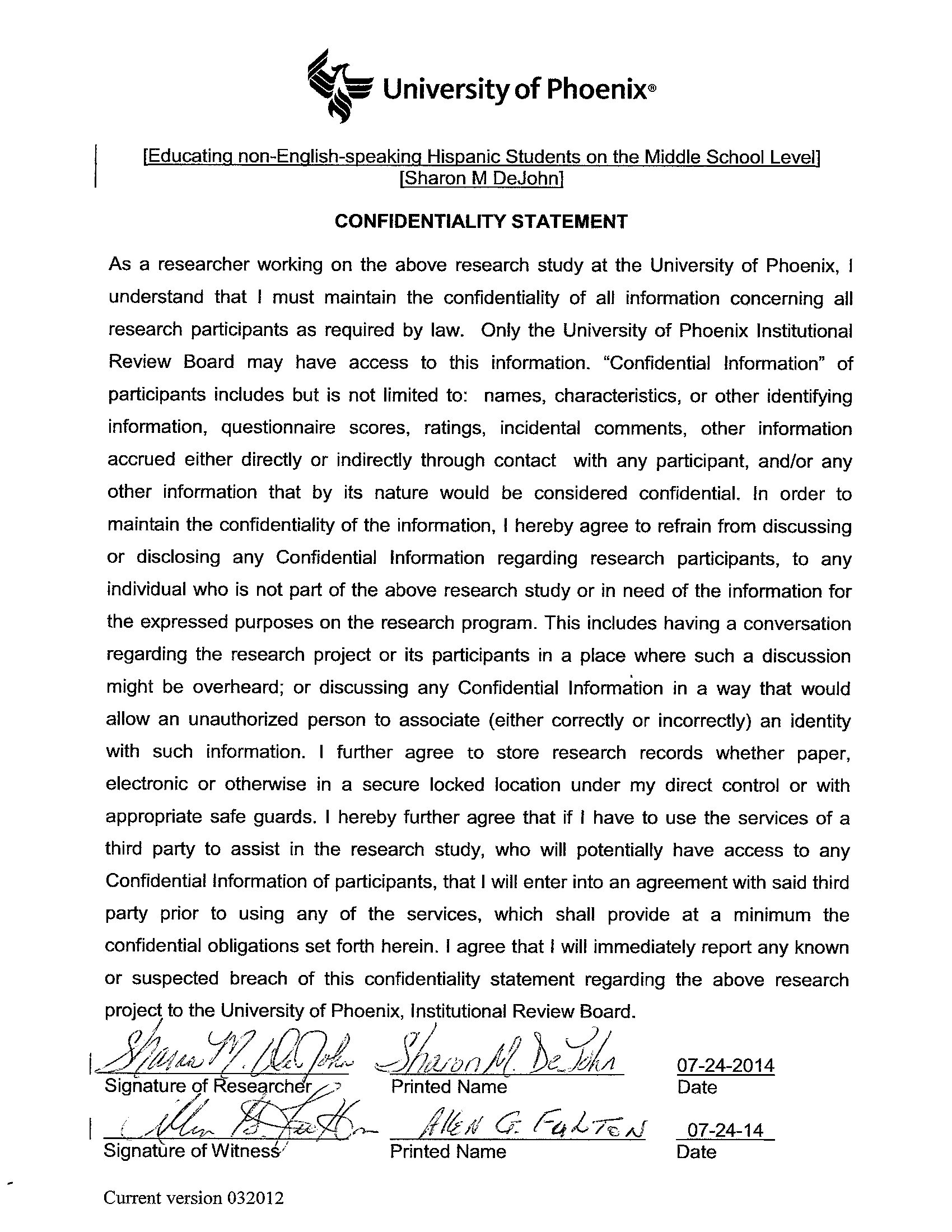 Confidentiality Statement