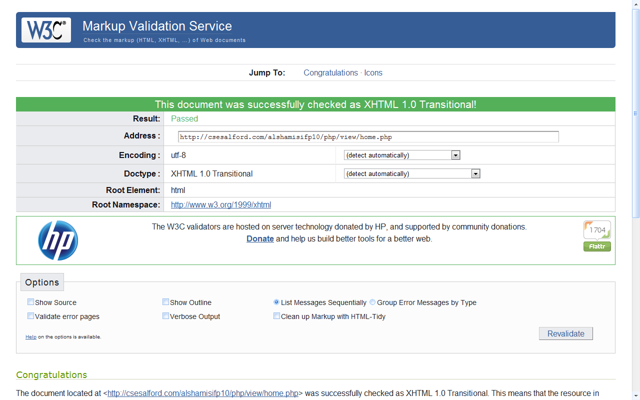 Validation response for the Homepage