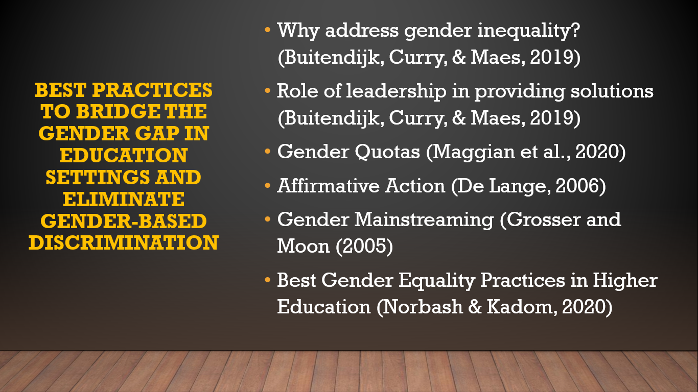 Best Practices to Bridge the Gender Gap in Education Settings and Eliminate Gender-based Discrimination