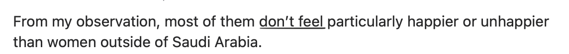 Fragments of user responses to the question of whether Saudi women feel happy 
