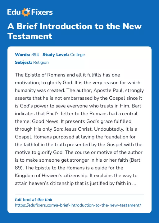 A Brief Introduction to the New Testament - Essay Preview