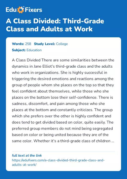 A Class Divided: Third-Grade Class and Adults at Work - Essay Preview