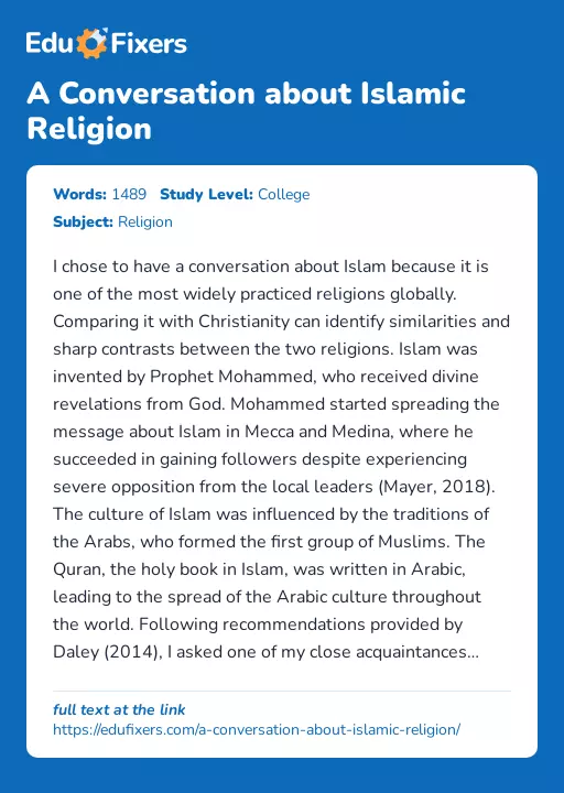 A Conversation about Islamic Religion - Essay Preview