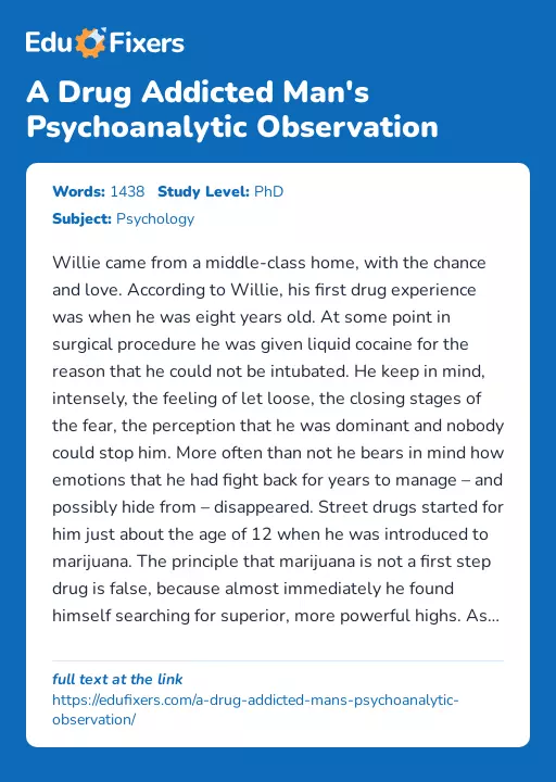 A Drug Addicted Man's Psychoanalytic Observation - Essay Preview