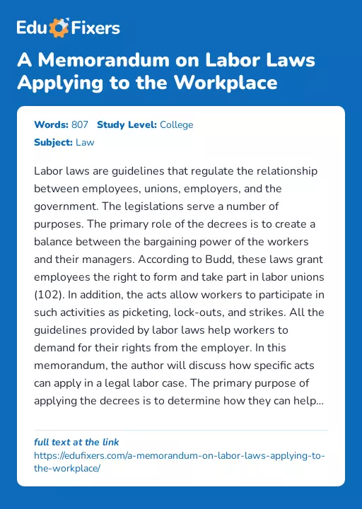 A Memorandum on Labor Laws Applying to the Workplace - Essay Preview