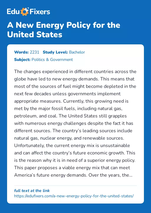 A New Energy Policy for the United States - Essay Preview