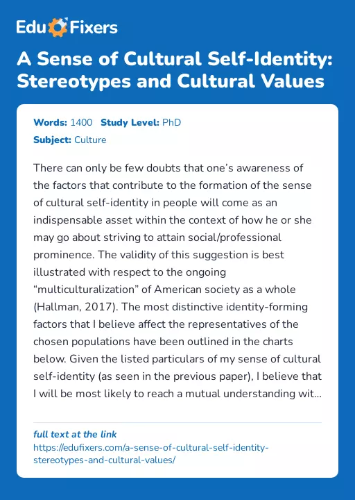 A Sense of Cultural Self-Identity: Stereotypes and Cultural Values - Essay Preview