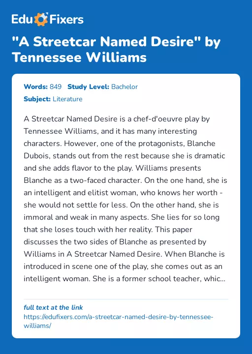 "A Streetcar Named Desire" by Tennessee Williams - Essay Preview