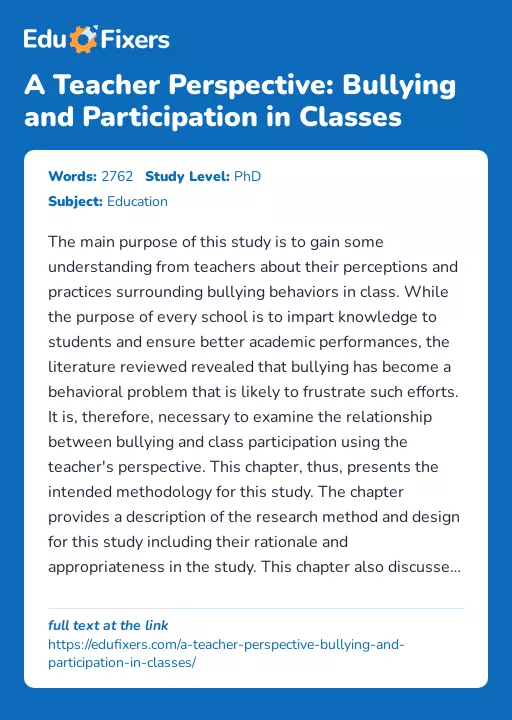 A Teacher Perspective: Bullying and Participation in Classes - Essay Preview