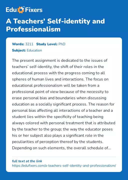 A Teachers’ Self-identity and Professionalism - Essay Preview