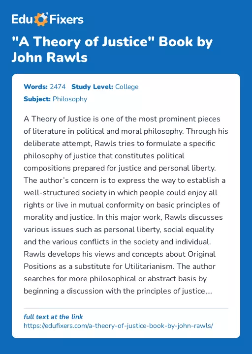 "A Theory of Justice" Book by John Rawls - Essay Preview