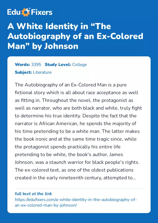 A White Identity in “The Autobiography of an Ex-Colored Man” by Johnson - Essay Preview