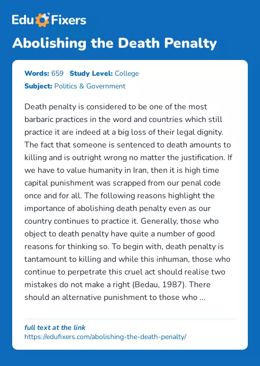 Abolishing the Death Penalty - Essay Preview