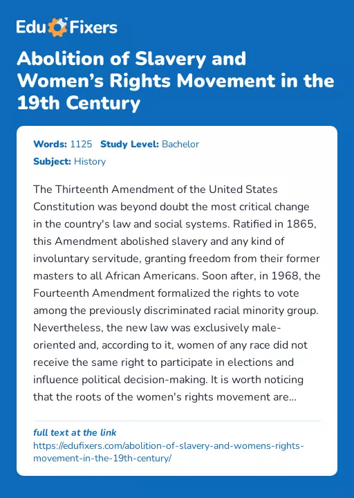 Abolition of Slavery and Women’s Rights Movement in the 19th Century - Essay Preview