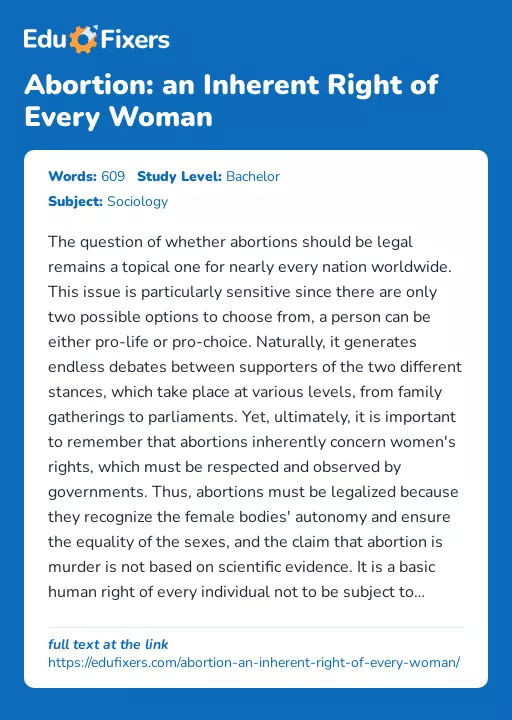 Abortion: an Inherent Right of Every Woman - Essay Preview