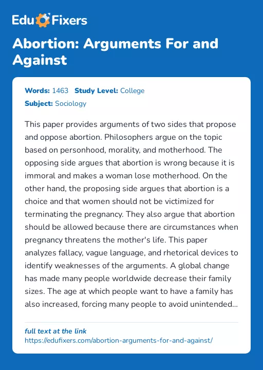 Abortion: Arguments For and Against - Essay Preview