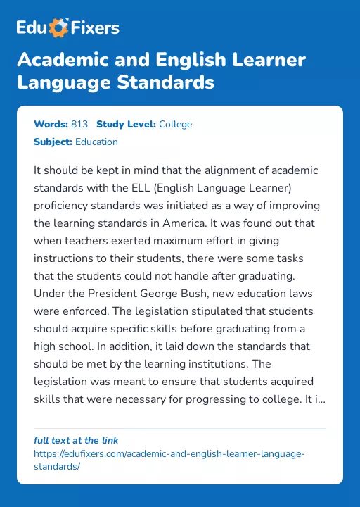 Academic and English Learner Language Standards - Essay Preview