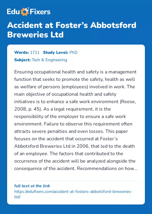 Accident at Foster’s Abbotsford Breweries Ltd - Essay Preview