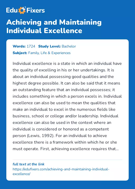 Achieving and Maintaining Individual Excellence - Essay Preview