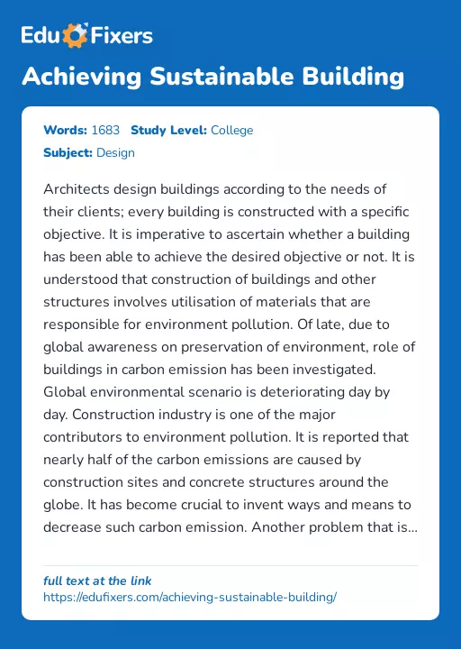 Achieving Sustainable Building - Essay Preview