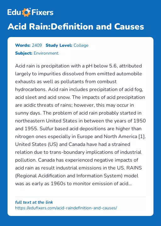 Acid Rain:Definition and Causes - Essay Preview