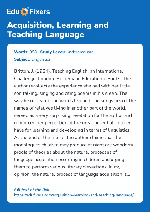 Acquisition, Learning and Teaching Language - Essay Preview