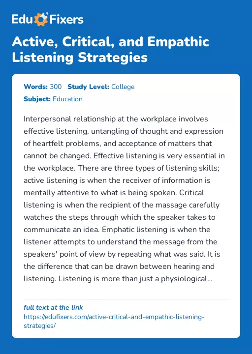 Active, Critical, and Empathic Listening Strategies - Essay Preview