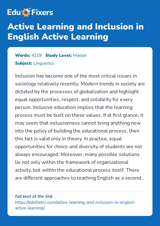 Active Learning and Inclusion in English Active Learning - Essay Preview