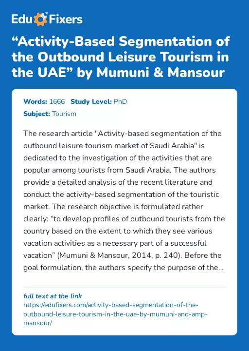 “Activity-Based Segmentation of the Outbound Leisure Tourism in the UAE” by Mumuni & Mansour - Essay Preview