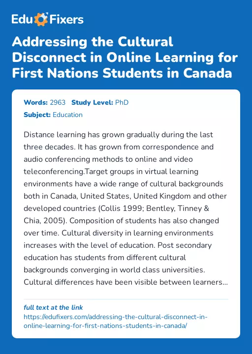 Addressing the Cultural Disconnect in Online Learning for First Nations Students in Canada - Essay Preview