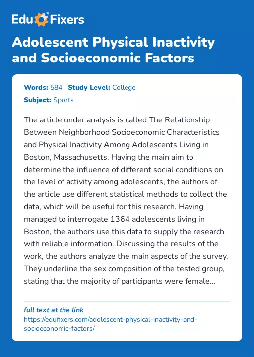 Adolescent Physical Inactivity and Socioeconomic Factors - Essay Preview