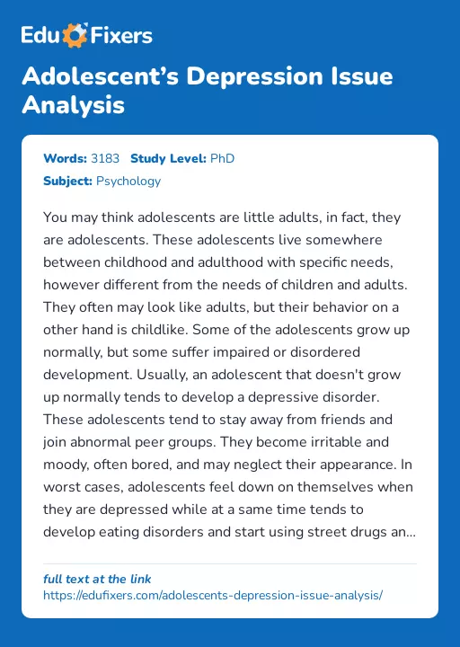 Adolescent’s Depression Issue Analysis - Essay Preview