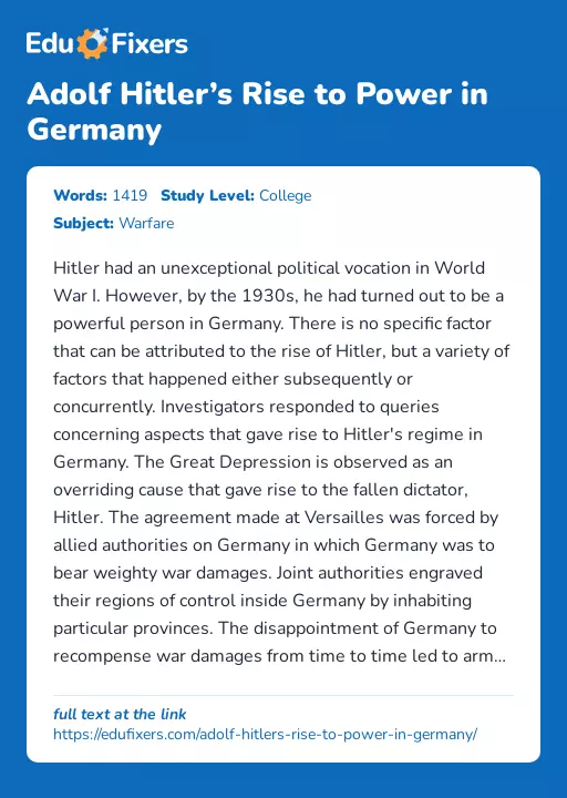 Adolf Hitler’s Rise to Power in Germany - Essay Preview