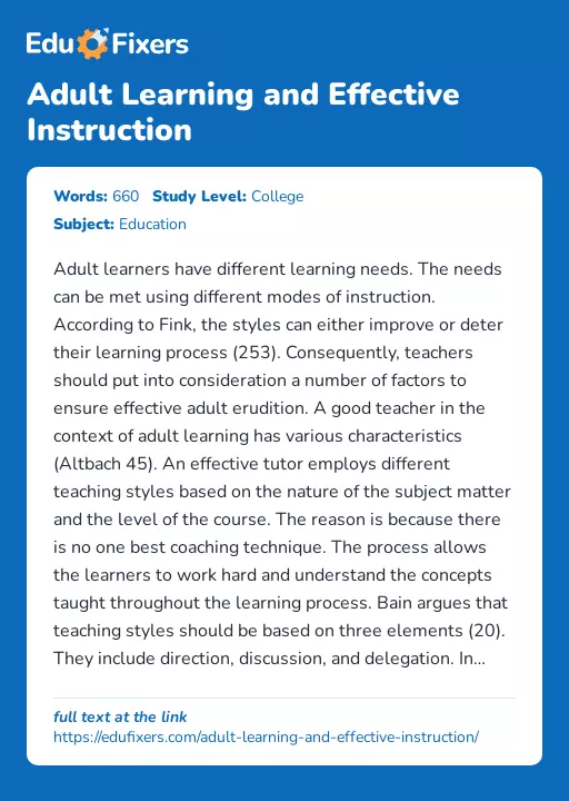 Adult Learning and Effective Instruction - Essay Preview