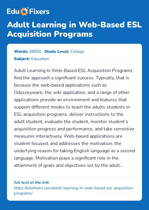 Adult Learning in Web-Based ESL Acquisition Programs - Essay Preview