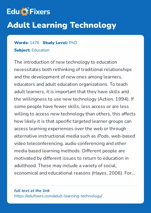 Adult Learning Technology - Essay Preview