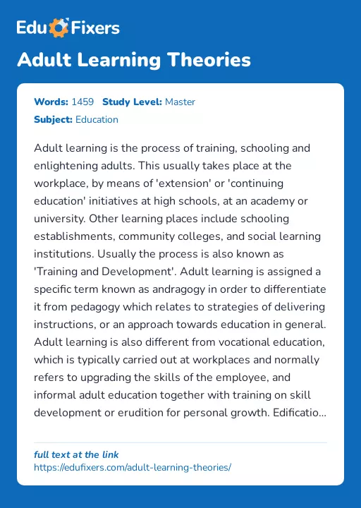 Adult Learning Theories - Essay Preview