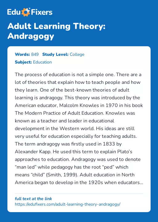 Adult Learning Theory: Andragogy - Essay Preview