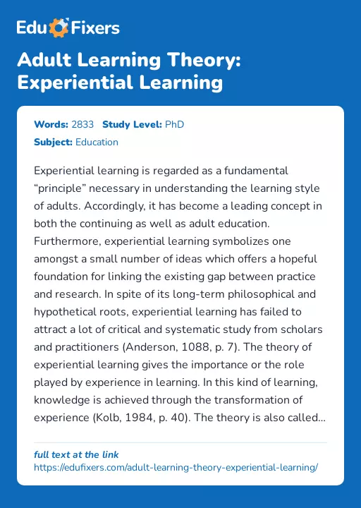 Adult Learning Theory: Experiential Learning - Essay Preview