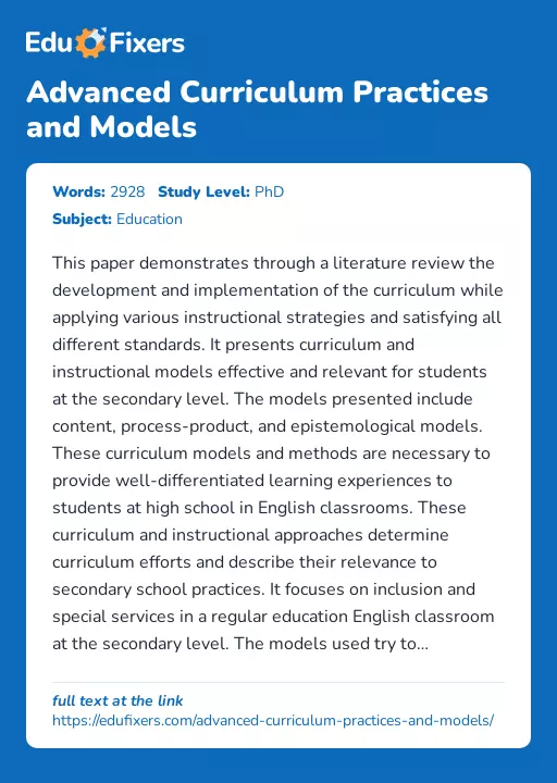 Advanced Curriculum Practices and Models - Essay Preview