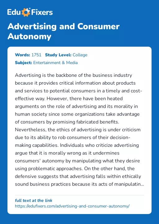 Advertising and Consumer Autonomy - Essay Preview