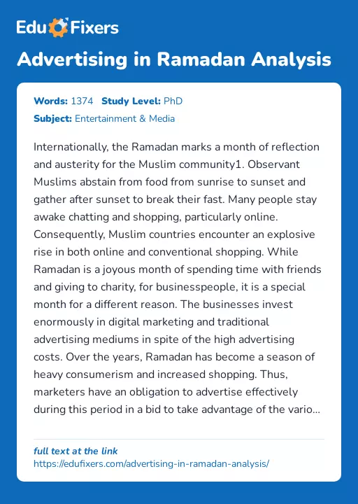 Advertising in Ramadan Analysis - Essay Preview