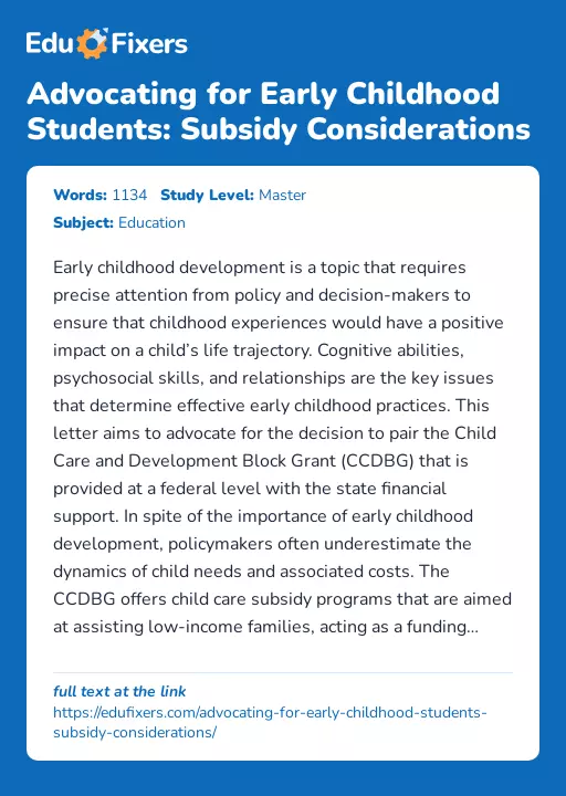 Advocating for Early Childhood Students: Subsidy Considerations - Essay Preview