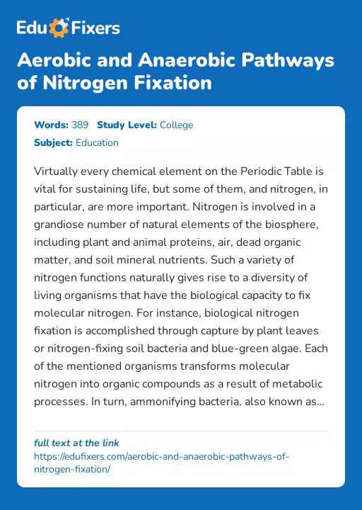 Aerobic and Anaerobic Pathways of Nitrogen Fixation - Essay Preview