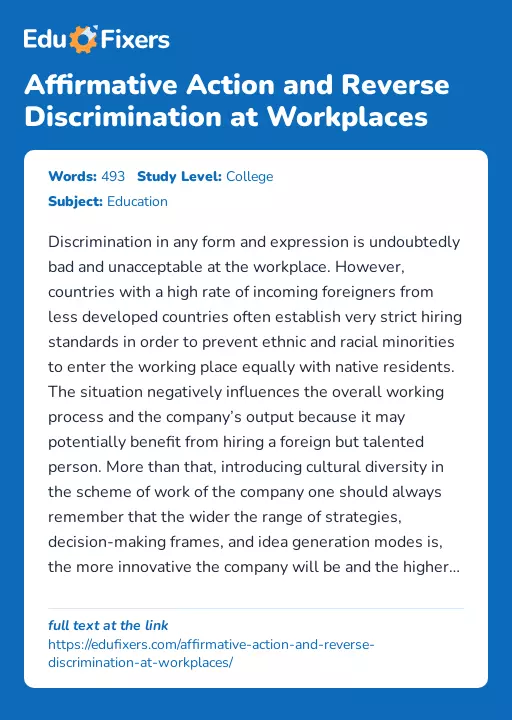 Affirmative Action and Reverse Discrimination at Workplaces - Essay Preview