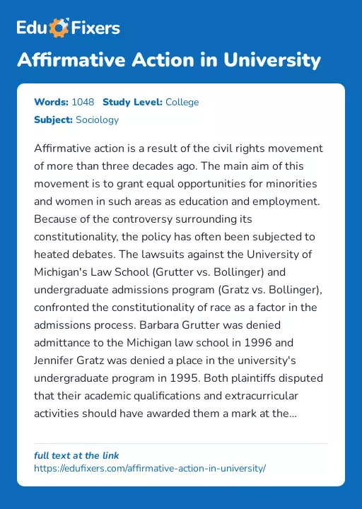 Affirmative Action in University - Essay Preview
