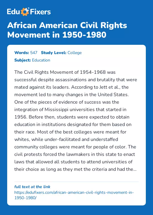 African American Civil Rights Movement in 1950-1980 - Essay Preview