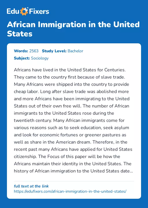 African Immigration in the United States - Essay Preview