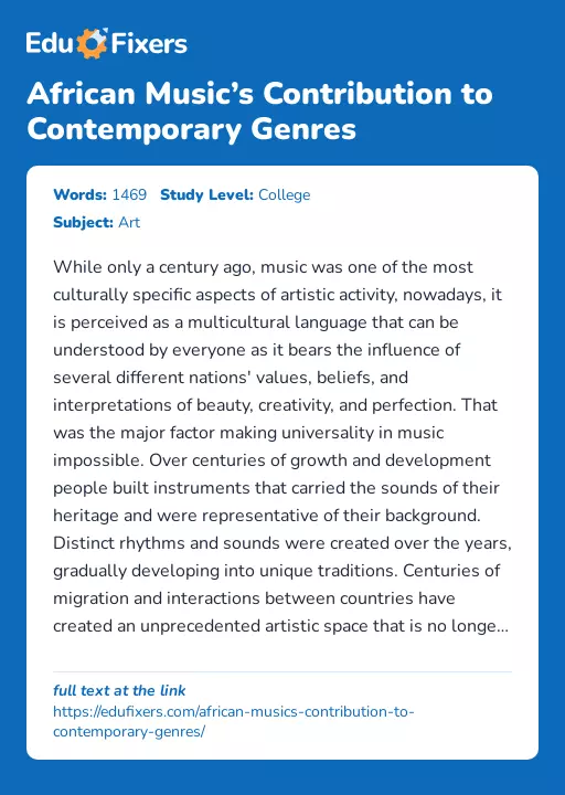 African Music’s Contribution to Contemporary Genres - Essay Preview